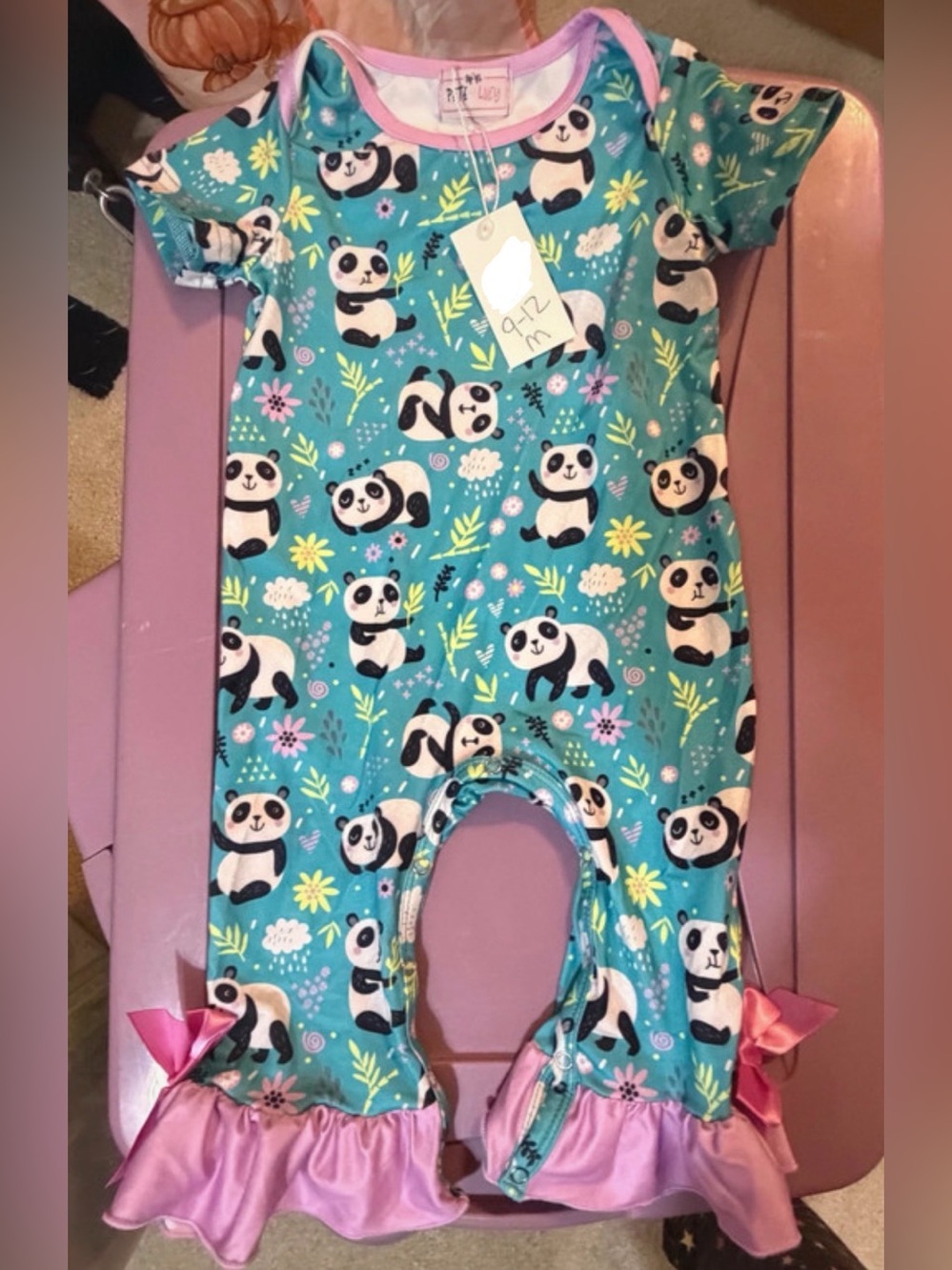 NEW Pete + Lucy Teal Panda Print Girls One-Piece Romper with Pink Ruffle Cuffs